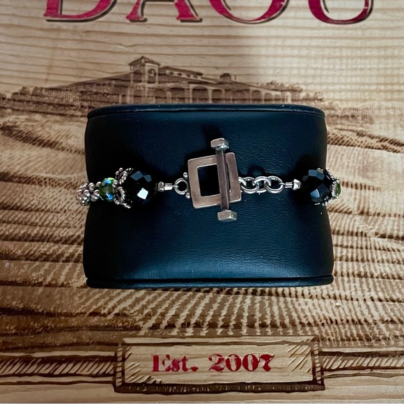 Handmade Silver Beaded Bracelet with Black & Green Gemstone Accents – 8” - Picture 2 of 2